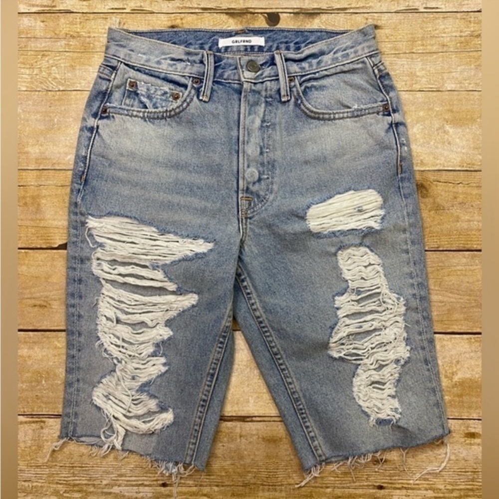 NWT GRLFRND Beverly High Rise No-Stretch Denim Long Biker Shorts (Faded Blue,25)